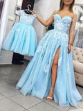 Charming Sweetheart Split Blue Lace Appliques Long Prom Dresses,Pretty Evening Dresses HZ0527