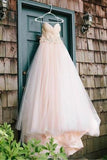 Sweetheart Strapless Flowers Beading Pleated Blush Pink Wedding Dress With Court Train HZ0527