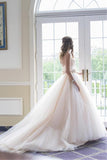 Sweetheart Strapless Flowers Beading Pleated Blush Pink Wedding Dress With Court Train HZ0527