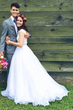 White Bateau Neck A-line Beading Organza Long Wedding Dress HZ0527