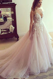 Spaghetti Straps V-neck Long Tulle Wedding Dress Prom Dress with Appliques HZ0527
