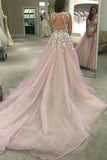 Spaghetti Straps V-neck Long Tulle Wedding Dress Prom Dress with Appliques HZ0527