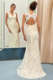 Charming Ivory V Neck Lace Sheath Open Back Wedding Dress With Sashes HZ0527