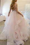 Elegant A-Line Long Sleeves Tulle Backless Pink Wedding Dresses With Appliques HZ0527