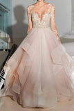 Elegant A-Line Long Sleeves Tulle Backless Pink Wedding Dresses With Appliques HZ0527