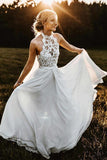 Simple A-Line Halter Sleeveless Chiffon Long Beach Summer Wedding Dress with Lace HZ0527