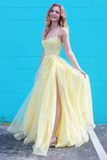 Promfast Yellow Spaghetti Straps Appliques Tulle A Line Prom Dresses Evening Dress HZ0527