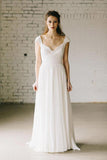 A-Line Ivory Lace Cap Sleeve Vintage Chiffon Wedding Dresses,V neck Bridal Dress HZ0527