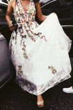 Charming Long Floral Lace Prom Dress A Line V Neck Cheap Wedding Dress HZ0527