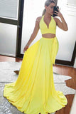 Two Piece A Line Yellow Cheap Long Prom Dress Sexy Formal Evening Dress HZ0527
