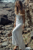 Summer Long Sheath Spaghetti Straps Lace Backless Beach Wedding Dresses HZ0527