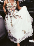 Charming Long Floral Lace Prom Dress A Line V Neck Cheap Wedding Dress HZ0527