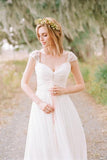Elegant Cap Sleeve Long Chiffon Sweetheart Pleat Beach Wedding Dress HZ0527
