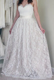 Sweetheart Sleeveless Long White Lace A Line Wedding Dress with Belt HZ0527