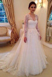 A-line V-neck Long Sleeves Court Train Tulle Wedding Dress With Lace Appliques HZ0527