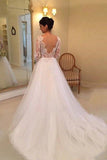 A-line V-neck Long Sleeves Court Train Tulle Wedding Dress With Lace Appliques HZ0527