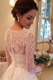 A-line V-neck Long Sleeves Court Train Tulle Wedding Dress With Lace Appliques HZ0527