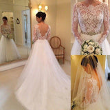 White A-line Long Sleeves Beading Lace Backless Court Train Wedding Dresses HZ0527