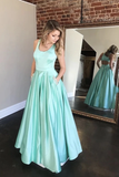 Promfast A-Line Long Mint Satin Beaded Prom Dresses With Pockets Evening Dress HZ0527