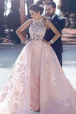 Luxury Pink Lace Wedding Dresses Halter Embroidery Slleveless Prom Dress Evening Dress HZ0527