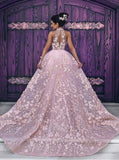 Luxury Pink Lace Wedding Dresses Halter Embroidery Slleveless Prom Dress Evening Dress HZ0527