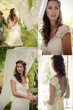Elegant Cap Sleeve A Line V Back Cheap Long Lace Backless Wedding Dresses HZ0527