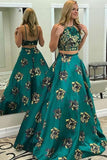 Two Piece A Line Floral Print Long Prom Dresses,Sexy Long Evening Dress HZ0527