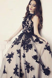 Appliques A-Line Round Neck Black Lace Long Prom Dress HZ0527