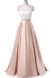 Charming Formal Halter Two Pieces Light Pink Prom Dress, Simple Satin Prom Gowns HZ0527