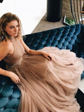 Promfast High Neck A-line Long Tulle Brown Prom Dress Sexy Evening Dress HZ0527