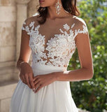 Ivory Lace Front Slit See Through Cap Sleeves Custom Made Beach Wedding Dresses HZ0527