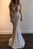 Mermaid 2025 Spaghetti Straps Prom Dress,Beading Lace V-neck Prom Dress Sexy Wedding Dress HZ0527