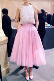 Sparkly Pink Two Pieces Beaded Tea-length Long Prom Dresses For Teens HZ0527
