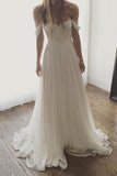 Ivory Chiffon Long Off The Shoulder Wedding Dresses, Simple Long Prom Dress HZ0527