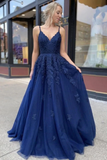 Promfast Dark Blue Tulle Lace Applique Spaghetti Straps Long Prom Dress Evening Dress HZ0527