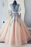 V-neck Blue Lace Ball Gown Long Tulle Evening Dresses,Cheap Prom Dress HZ0527