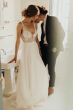 A-Line V-Neck Backless Sweep Train Tulle Sexy Wedding Dress with Pearls HZ0527
