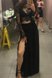 Black Long Sleeves Lace Two Pieces Sexy Prom Dresses For Teens HZ0527