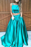Plus Size Two Pieces Green Satin Long A-line Cheap Simple Modest Prom Dresses For Teens HZ0527