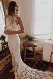 Romantic Boho Beach Wedding Dresses,Lace Mermaid Princess Backless Wedding Gowns HZ0527