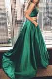 Plus Size Two Pieces Green Satin Long A-line Cheap Simple Modest Prom Dresses For Teens HZ0527