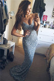 Spaghetti Straps Long Blue V-neck Sparkly Mermaid Prom Dresses For Teens HZ0527