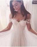 Simple White Long A Line Wedding Dress, Chiffon Off the Shoulder Wedding Dresses HZ0527