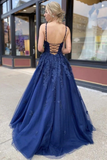 Promfast Dark Blue Tulle Lace Applique Spaghetti Straps Long Prom Dress Evening Dress HZ0527