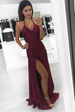 Simple Burgundy Plus Size Cheap Long A-line Handmade V-neck Prom Dresses HZ0527