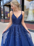 Promfast Dark Blue Tulle Lace Applique Spaghetti Straps Long Prom Dress Evening Dress HZ0527