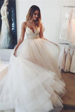 Simple Spaghetti Straps Beaded Long V-neck Tulle Beach Wedding Dresses HZ0527
