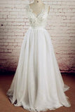 V-neck Ivory Lace Beading Long Handmade A-line Tulle Wedding Dresses HZ0527