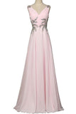 Beautiful Girly Chiffon Long Beading Pink V-neck Backless Prom Dresses HZ0527