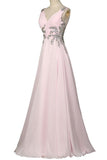 Beautiful Girly Chiffon Long Beading Pink V-neck Backless Prom Dresses HZ0527